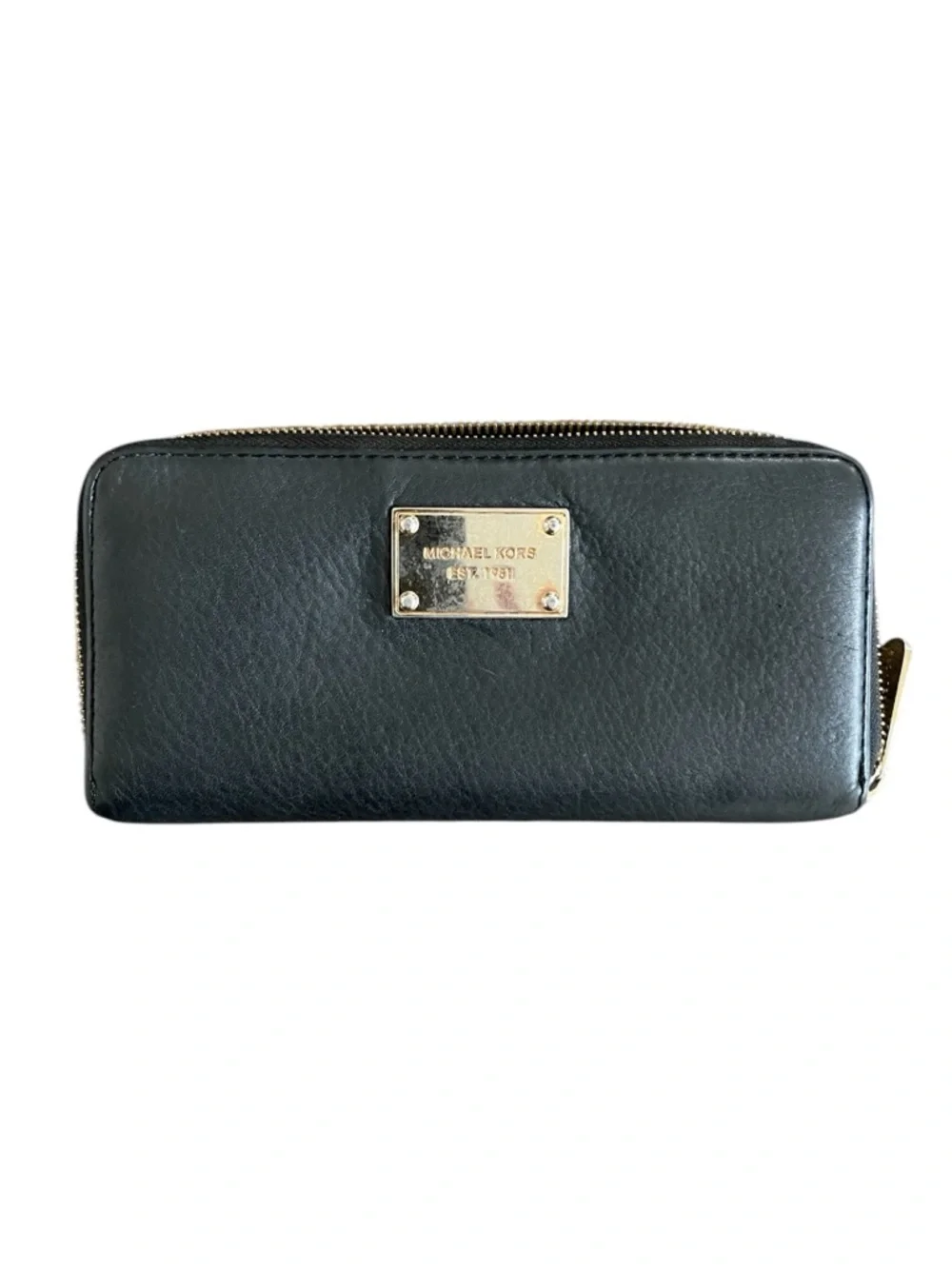 Michael Kors Black Pebbled Leather Continental Zip Wallet With Gold‎ Logo Plate